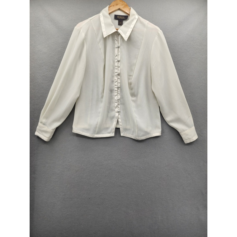 Lane Bryant Designs Cream Satin Trim Button Up Blouse Sheer Vintage Shirt Sz 14